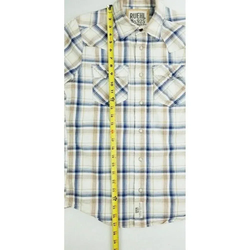 Ruehl No. 925 Size Medium Men's Vanilla Tan Gray Plaid Western Pearl Snap Shirt - Picture 9 of 10
